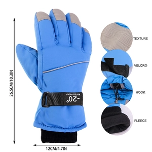 Blue waterproof ski gloves details showing fleece lining, textured palm, and velcro strap