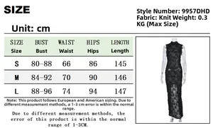 Detailed size chart for the black knit sleeveless long dress with tassel detailing