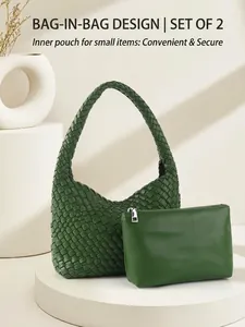 Handwoven dark green hobo bag set with matching inner pouch on minimalist white display