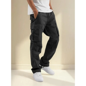 Men's black cargo pants with multiple pockets and drawstring waist in a modern fit