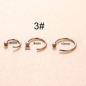 Detailed size chart for silver stainless steel C-shaped nose rings in 6mm, 8mm, 10mm