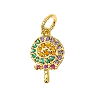 Golden lollipop pendant with colorful zircon stones in a spiral pattern for DIY jewelry