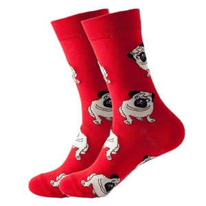 Men's cotton crew socks in red featuring cute pug dog patterns and ribbed cuffs