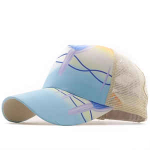 Detail of blue floral ponytail baseball cap with breathable beige mesh back