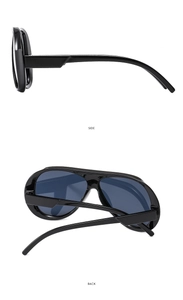 Side and back view of oversized black windproof cycling sunglasses with dark blue lenses