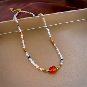 New Chinese vintage colorful agate beaded necklace with gold plated chain and luxury aesthetic