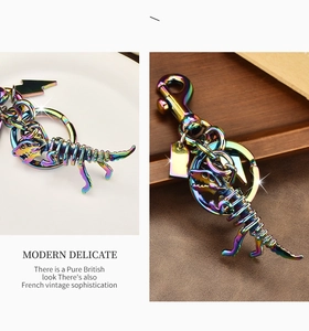 Macro detail of dinosaur skeleton keychain with colorful iridescent metal finish plating