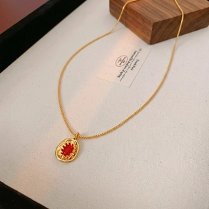 Vintage Oval Red Gemstone Pendant Necklace Copper Gold Plated Elegant Retro Jewelry For Women