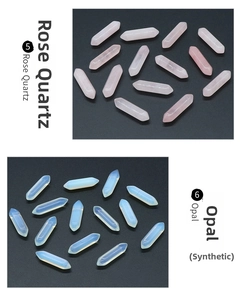 Polished double pointed 8x31mm rose quartz and opalite crystal hexagonal columns