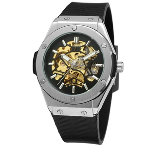 Men's skeleton automatic mechanical watch with silver steel case and black rubber strap