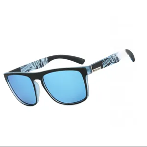 Close-up of polarized sunglasses with blue mirror lenses and zebra pattern temples
