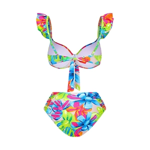 Detail of floral bikini set with ruffle straps and high waisted ruched swim bottoms