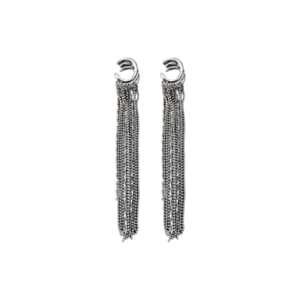 Minimalist silver tassel ear cuffs with long metal chains on a clean white background