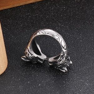 Retro stainless steel double wolf head ring with vintage silver finish on black background