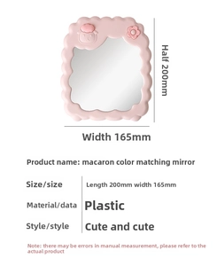 Pink cartoon makeup mirror with wave frame and sheep decor showing 200x165mm dimensions