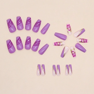 Long coffin lavender fake nails with gold foil and purple wave line design
