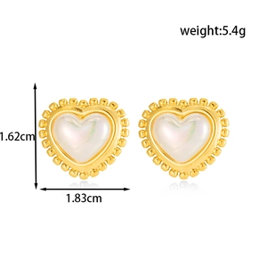 Golden heart-shaped titanium steel earrings with white shell inlay and size dimensions