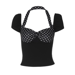 T-shirt dos nu noir rétro avec patchwork à pois et plis élégants sur la poitrine