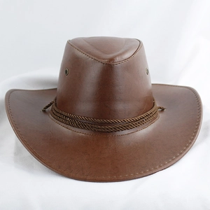 Detail of brown leather cowboy hat featuring braided rope trim and metal eyelets