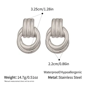 Polished silver stainless steel door knocker earrings with geometric vertical texture