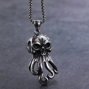 Silver skull octopus tentacle pendant on bead chain with vintage stainless steel finish
