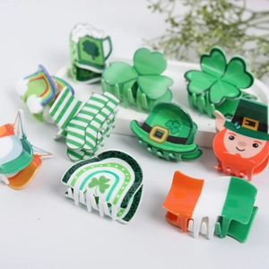 Collection of St. Patrick's Day hair claws with clover, rainbow, and leprechaun hat motifs
