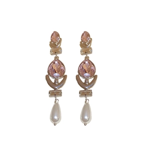 Pink teardrop crystal pearl earrings with silver needle settings for elegant women