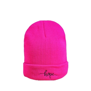 Fashionable rose red knitted beanie hat with black hope embroidery for winter