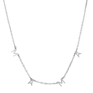 Detailed view of silver stainless steel necklace with MAMA letter charms on fine chain