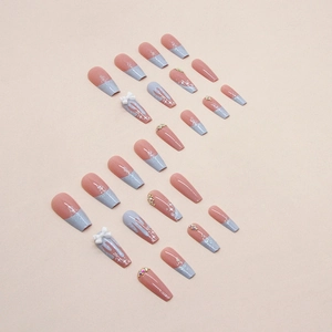 Long ballet blue and pink press-on nails with 3D bows, rhinestones and glitter art