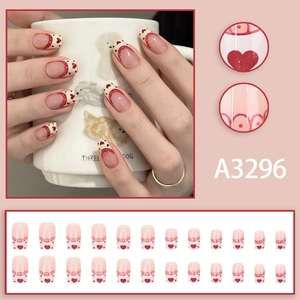 French lace press-on nails with red hearts and pink base, 24-piece professional set