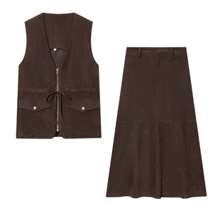 Ensemble Gilet En Daim Synthétique Et Jupe Midi Pour Femme Style Occidental Col En V Haut Zippé Et Jupe Trapèze Taille Haute