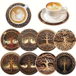 Set of 10 Tree of Life wooden coasters with Celtic knot designs and non-slip heat insulation