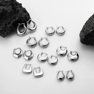 Detailed collection of silver stainless steel hoop earrings in various geometric shapes