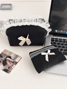 Chic black lace cosmetic pouch set with beige ribbon bows and faux pearl accents