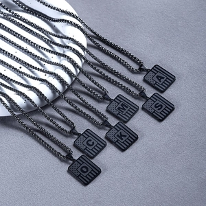 Titanium steel square initial pendant necklace in gun black with star flag texture