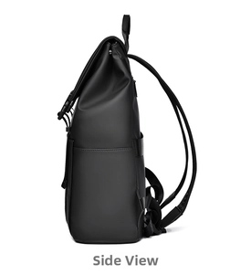 Side view of black business backpack showing waterproof fabric and side pocket