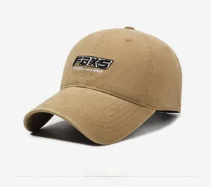 Detail view of khaki washed cotton canvas baseball cap with FBXS vintage embroidery