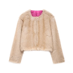 Short faux fur jacket in apricot with vibrant pink lining and minimalist collarless design