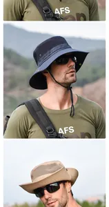 Detail of outdoor sun hats with breathable mesh, adjustable chin strap, and wide brim