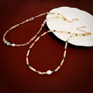 Alloy Seed Bead Necklace With Freshwater Pearl And Natural Stone Bohemian Handmade Clavicle Chain Jewelry For Women