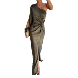 Olive green one shoulder satin evening dress with twist waist and high side slit