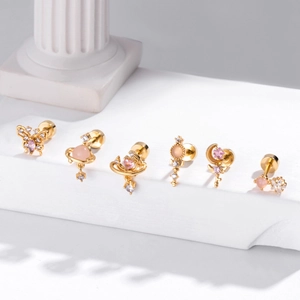 Set of 6 gold stainless steel cartilage studs with pink heart, butterfly and planet designs