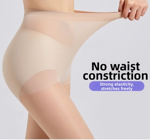 Detail of high-elasticity nude pantyhose showing strong waist stretch and seamless fit