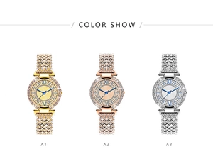 Detailed comparison of full diamond quartz watches in gold, rose gold, and silver finishes