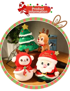 Group of plush Christmas toys including Santa, reindeer, snowman and tree on wooden table