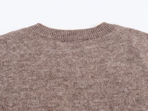 Macro view of brown knit sweater crew neck and fine ribbed texture detailing