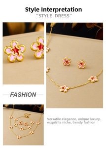 Detailed view of pink enamel flower jewelry set with golden chain and red star center