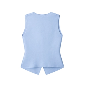 Detailed back view of light blue knitted ribbed tank top with clean cut on white background