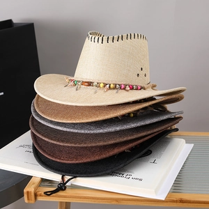 Straw cowboy hat with ethnic beaded band and windproof rope in five versatile colors